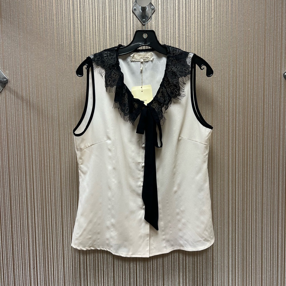A'Reve Cream Sleeveless Blouse with Black Lace Collar and Bow Tie